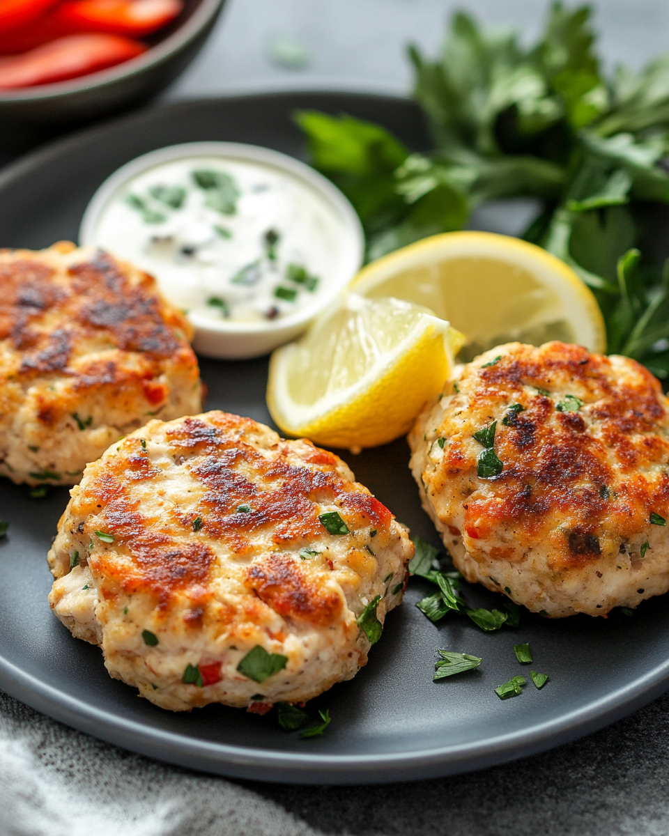 Fresh Mediterranean chicken patties with dill and sun-dried tomatoes in skillet