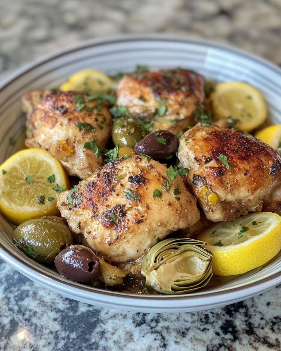 Plate of cooked Mediterranean lemon chicken with artichokes and olives served