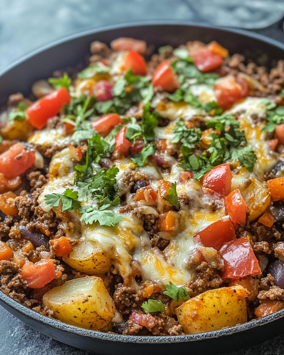 Finished plated Mexican ground beef and potato skillet served with cheese and green onions