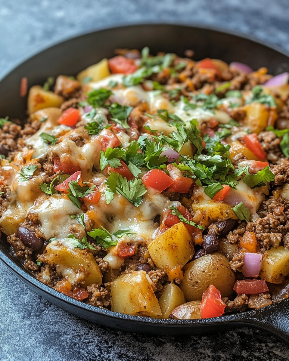 Pressure cooker starting with sizzling ground beef and potatoes