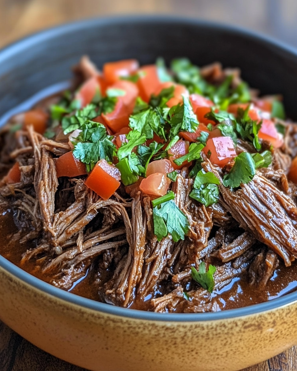 Serving of Mexican shredded beef in a bowl with tortillas and fresh toppings
