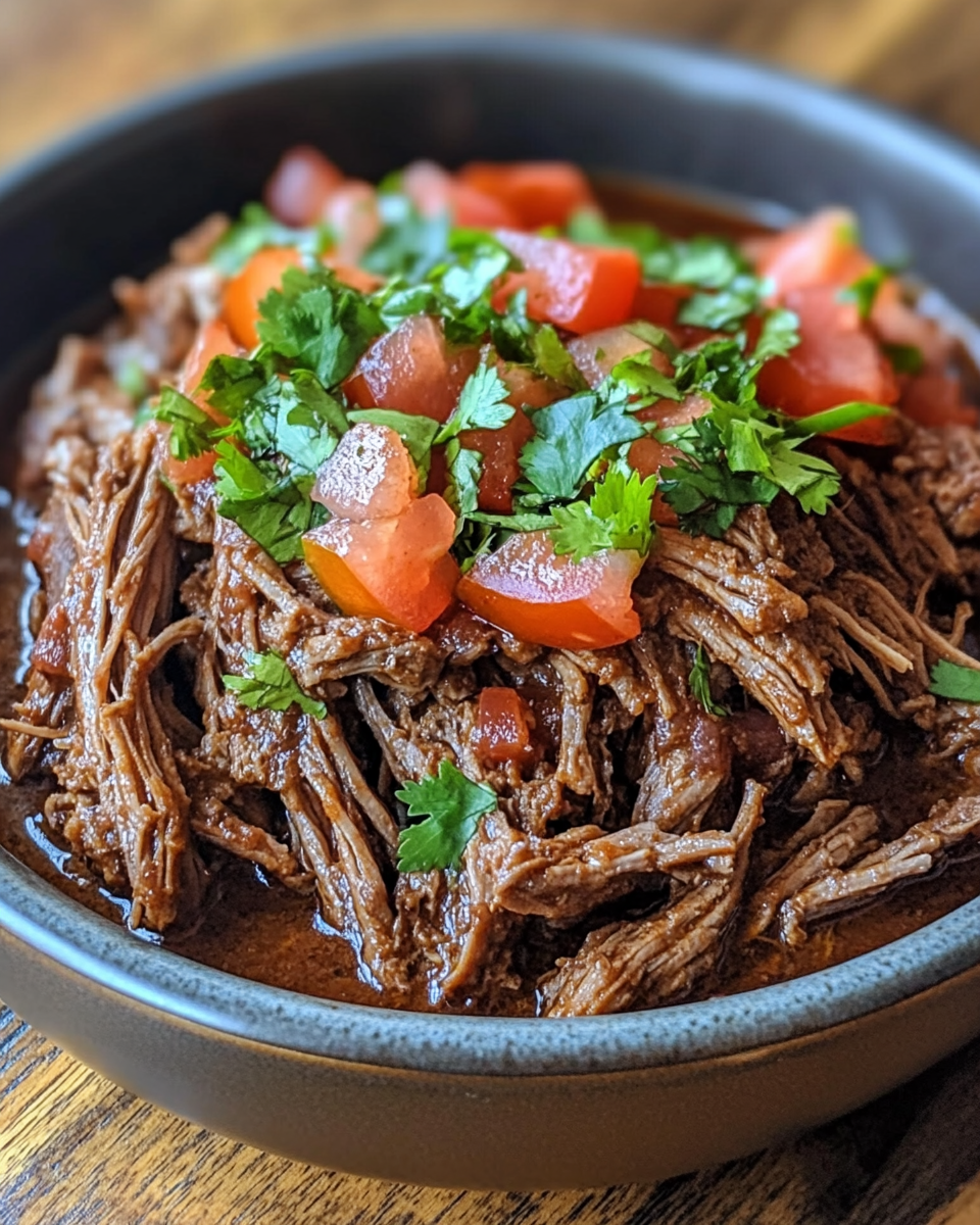 Mexican shredded beef steaming and ready from the pressure cooker