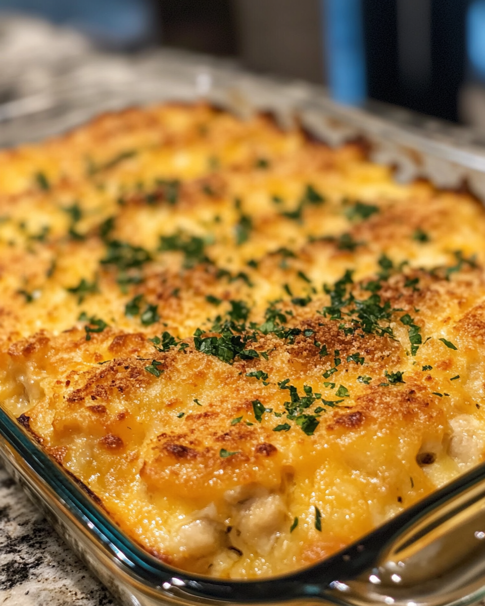 Golden bubbly mozzarella and scallions melted on chicken casserole