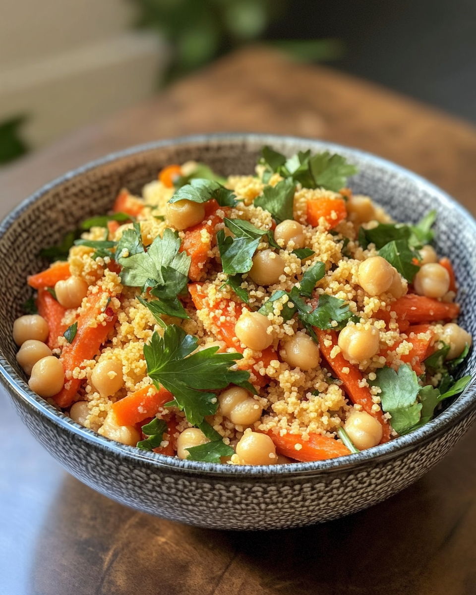 Aromatic steam rising from pressure cooker with Moroccan spiced chickpeas and carrot couscous