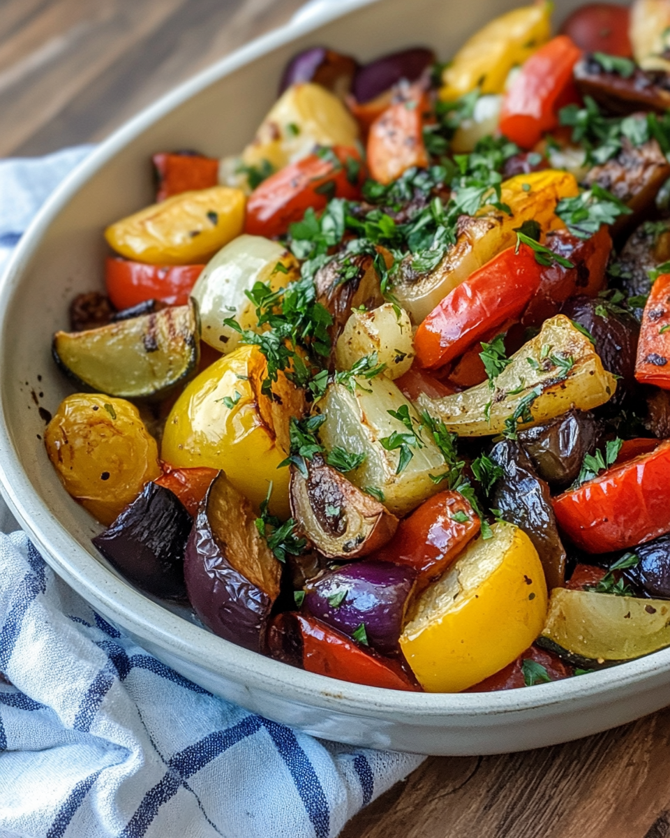 Final plated roasted Greek vegetables garnished with feta and parsley