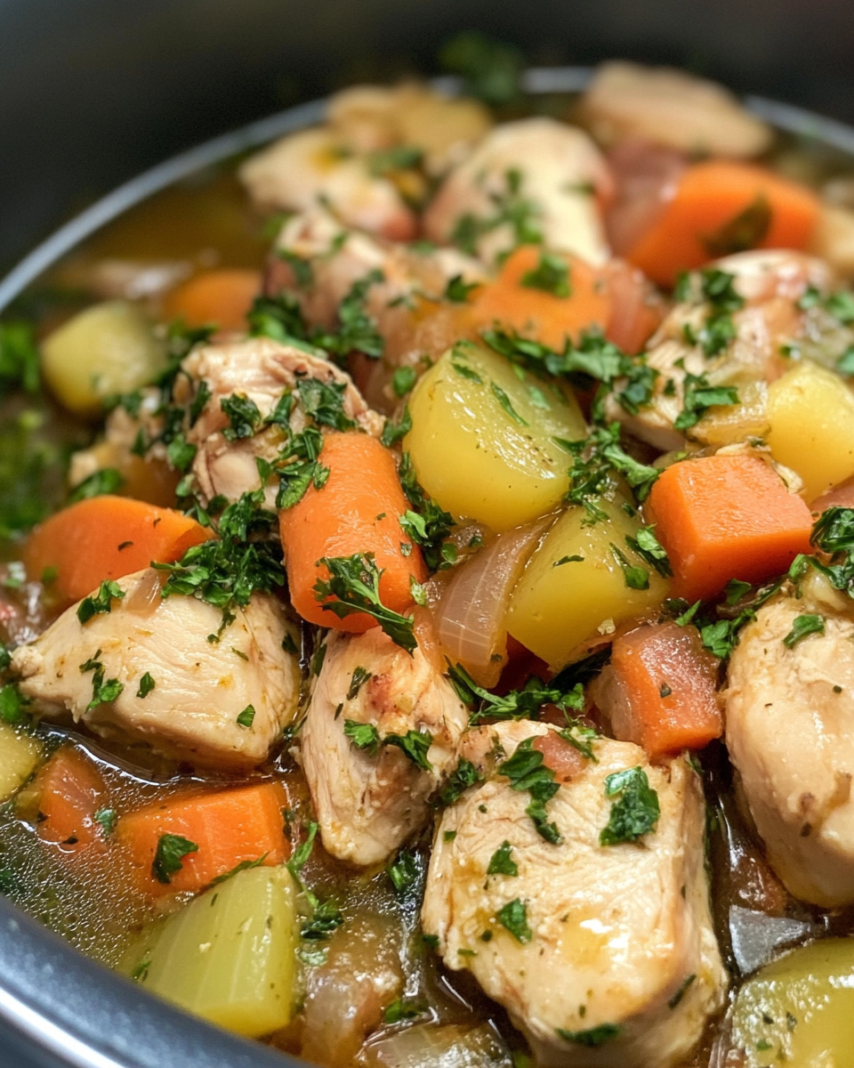 Assorted fresh ingredients including chicken, peppers, broccoli, and sweet potato prepared for pressure cooker