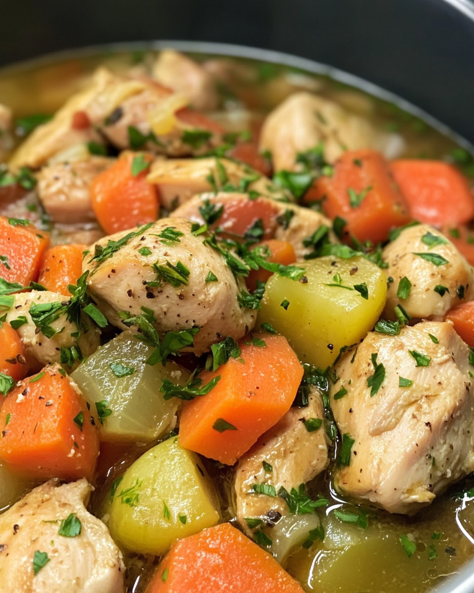Plated pressure cooker chicken and vegetables meal with lime wedges and fresh cilantro garnish