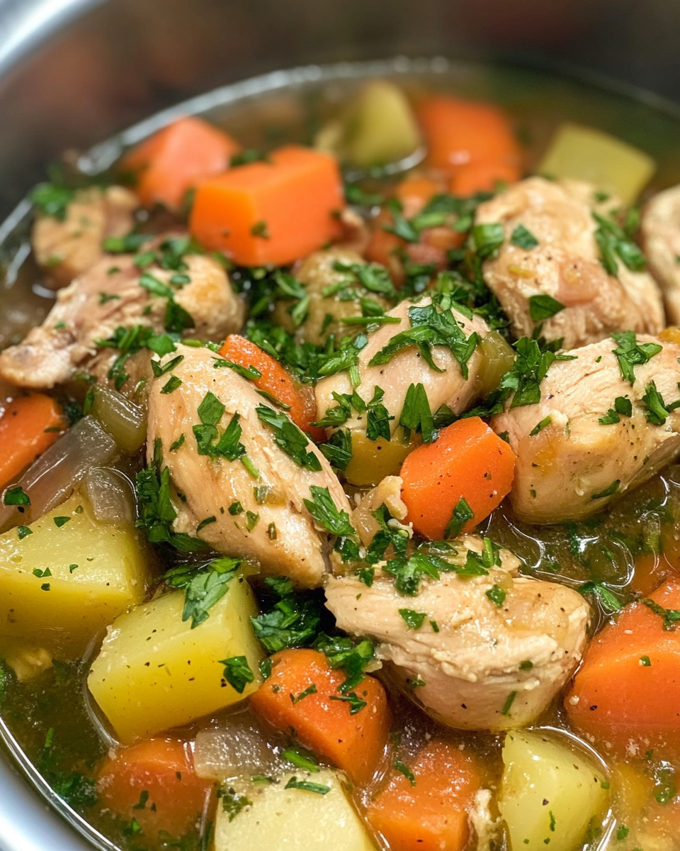 Close-up of pressure cooker meal with chicken and colorful vegetables cooking