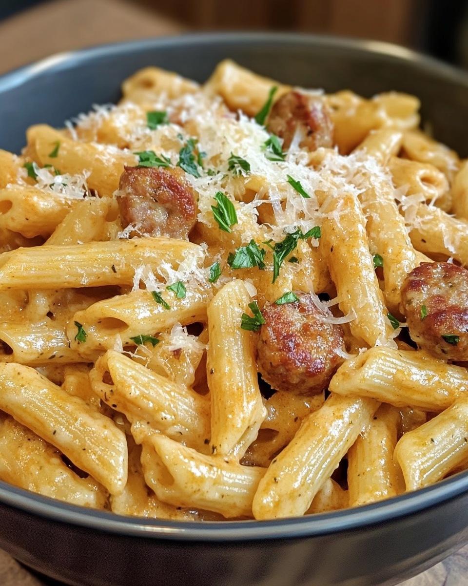 Ingredients including sausage, garlic, cream, tomatoes, and pasta arranged for cooking