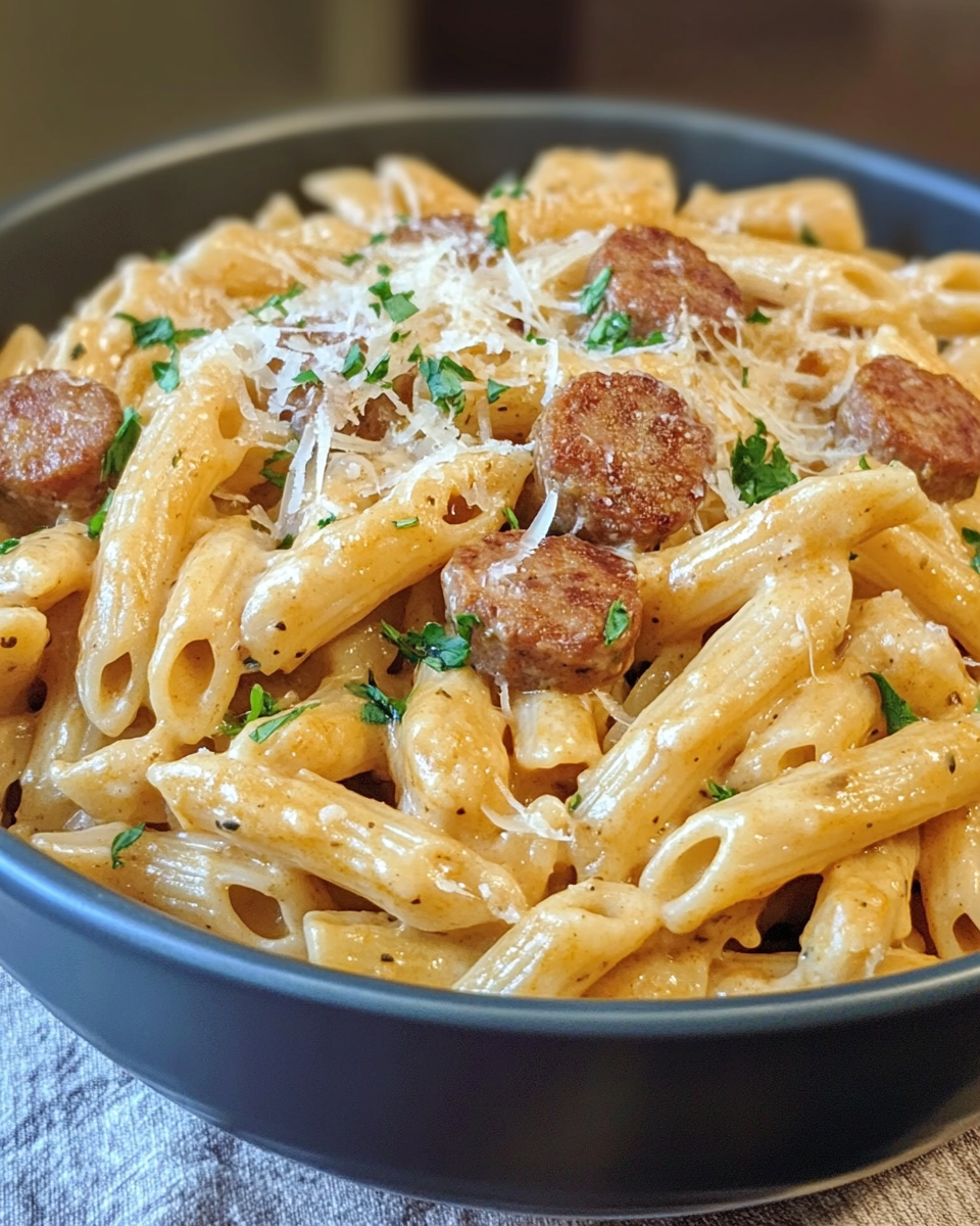 Serving of one pot creamy Cajun sausage pasta on plate with garnish