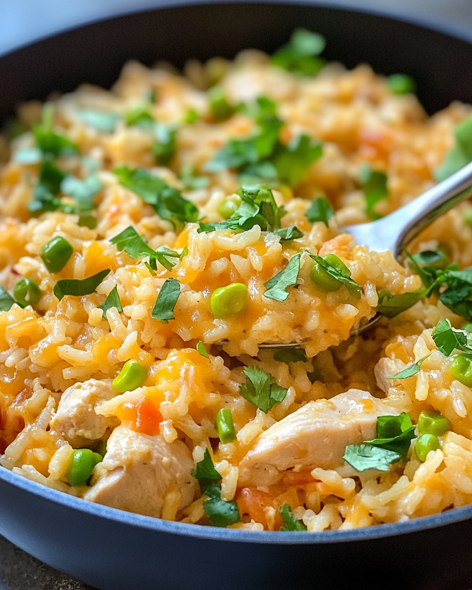 Finished cheesy Southwest Skillet Chicken and Rice served with fresh cilantro garnish
