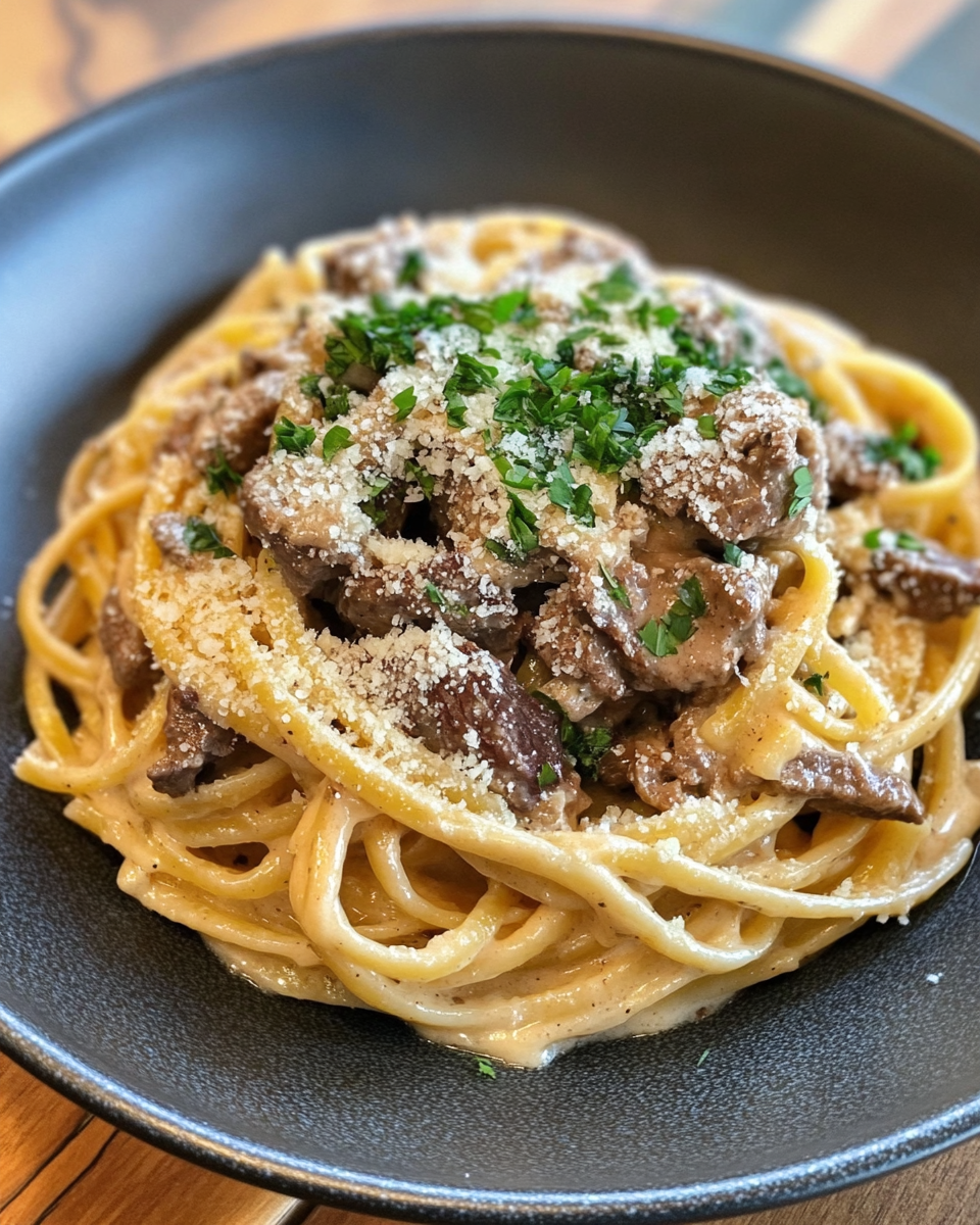 Creamy beef and garlic butter pasta in one pot with rich sauce