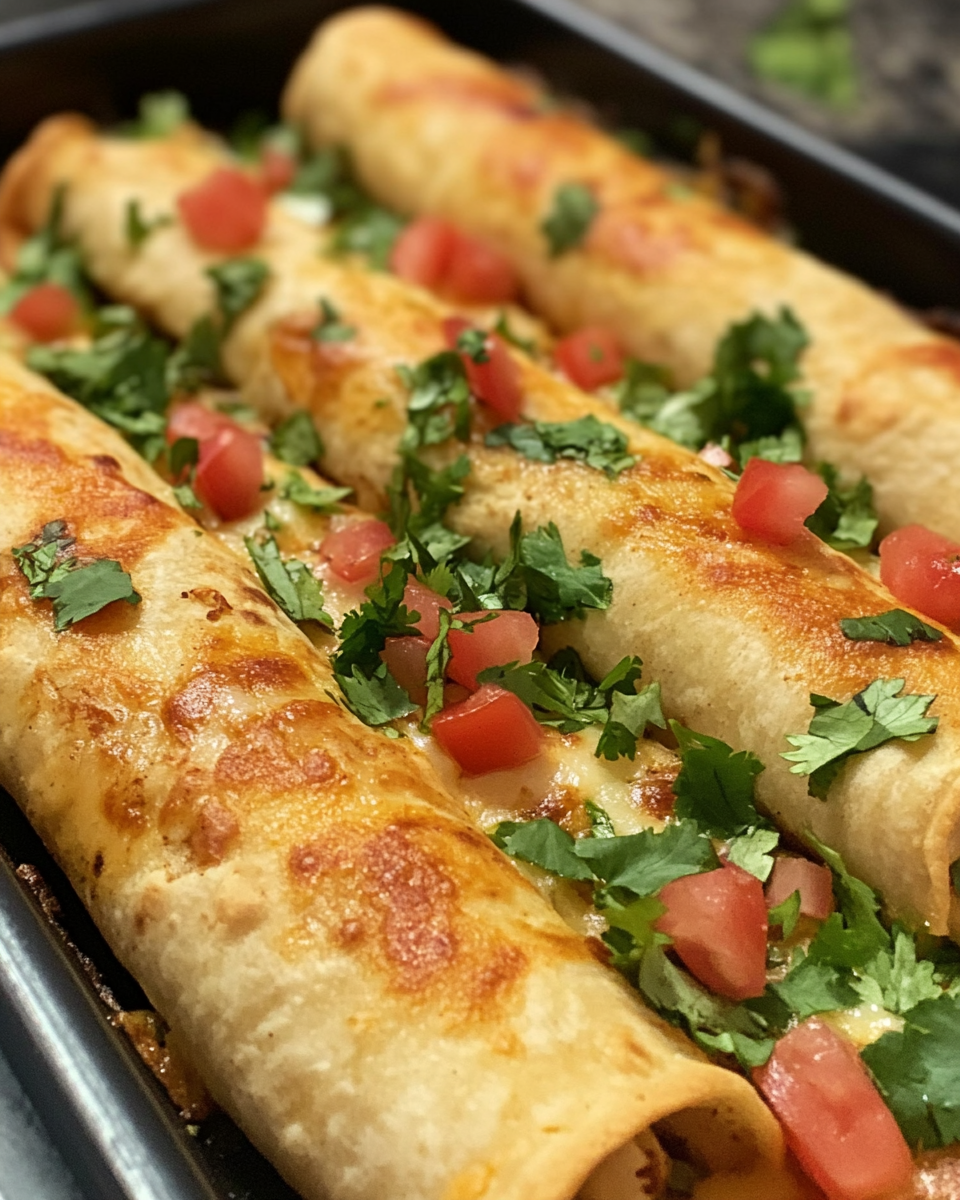 Freshly baked oven chicken taquitos steaming hot