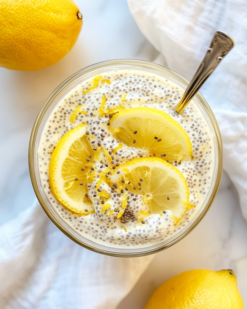 Served overnight lemon cream chia pudding topped with fresh fruit and lemon zest