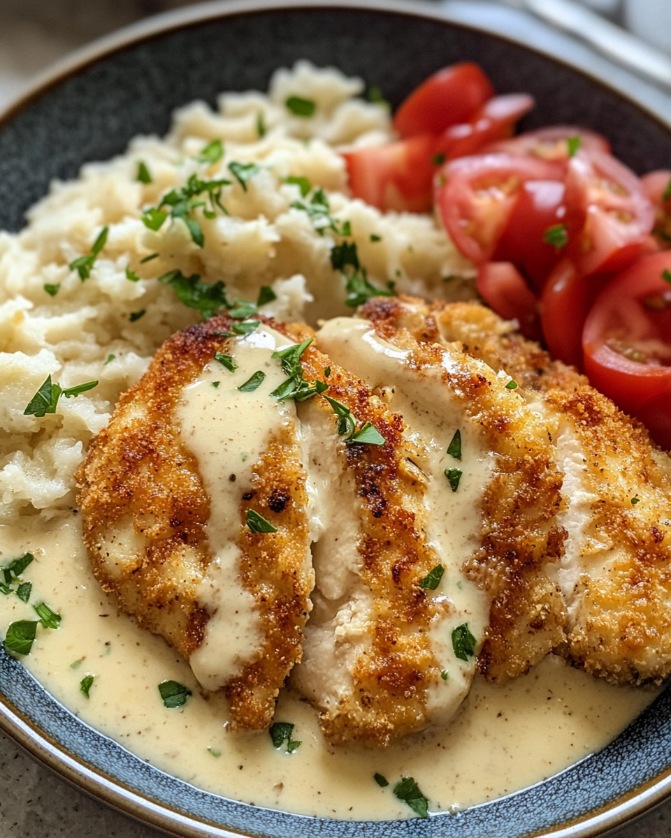 Final plated Parmesan crusted chicken tenders with creamy garlic sauce and fresh parsley garnish