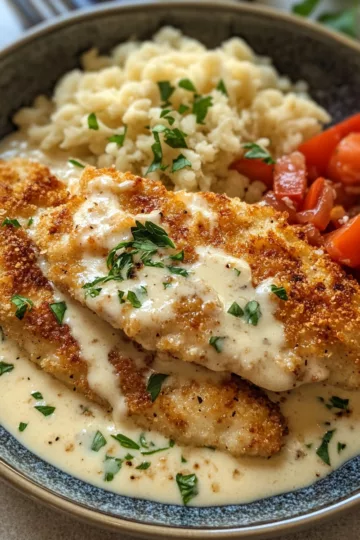 parmesan crusted chicken with creamy garlic sauce taken with iphone 15 pro max --iw 2 --ar 4:5 --v 6.1 --raw