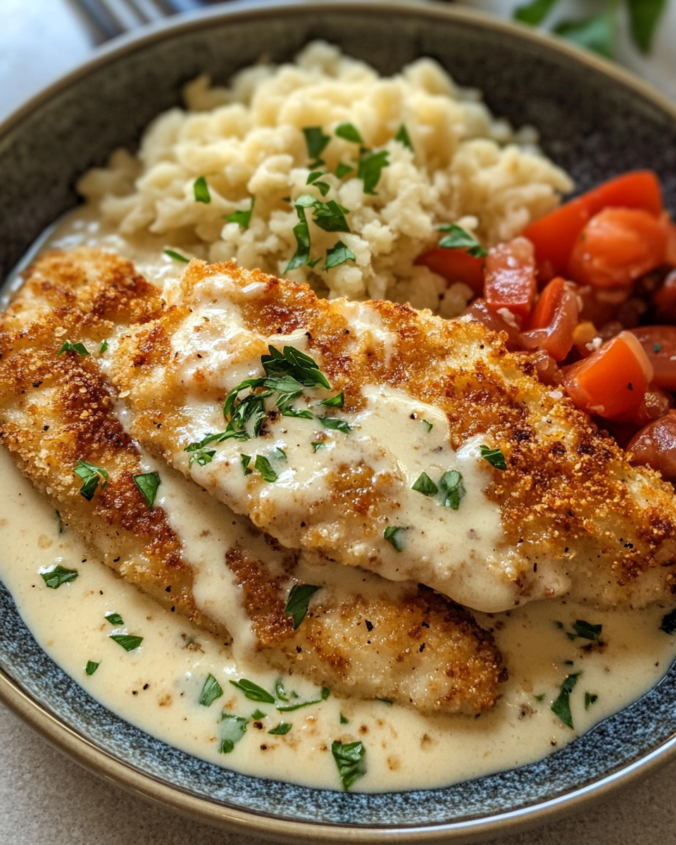 Golden crispy Parmesan crusted chicken bubbling with creamy garlic sauce