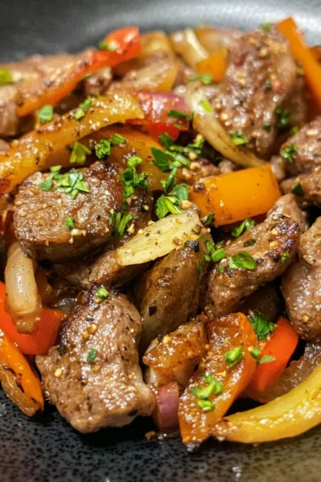 pepper steak with bell peppers and onion taken with iphone 15 pro max --iw 2 --ar 4:5 --v 6.1 --raw