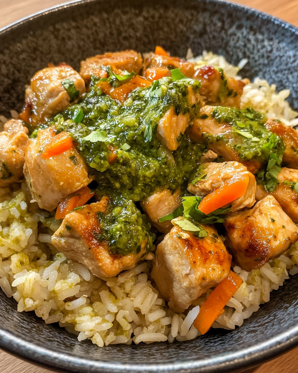 Ingredients laid out including chicken thighs, rice, and spices for Peruvian chicken and rice