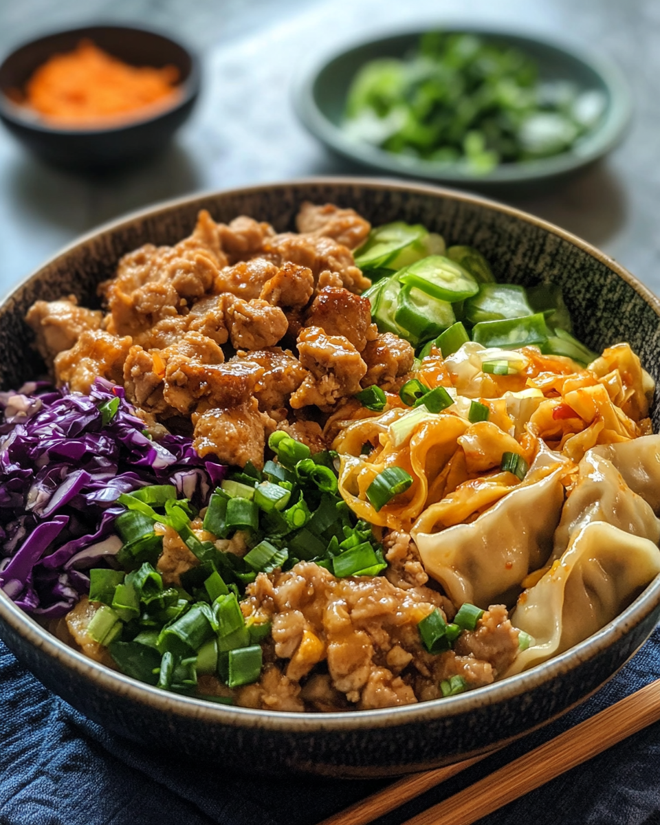 Ground pork cooking in skillet coated with sesame oil for potsticker noodle bowl
