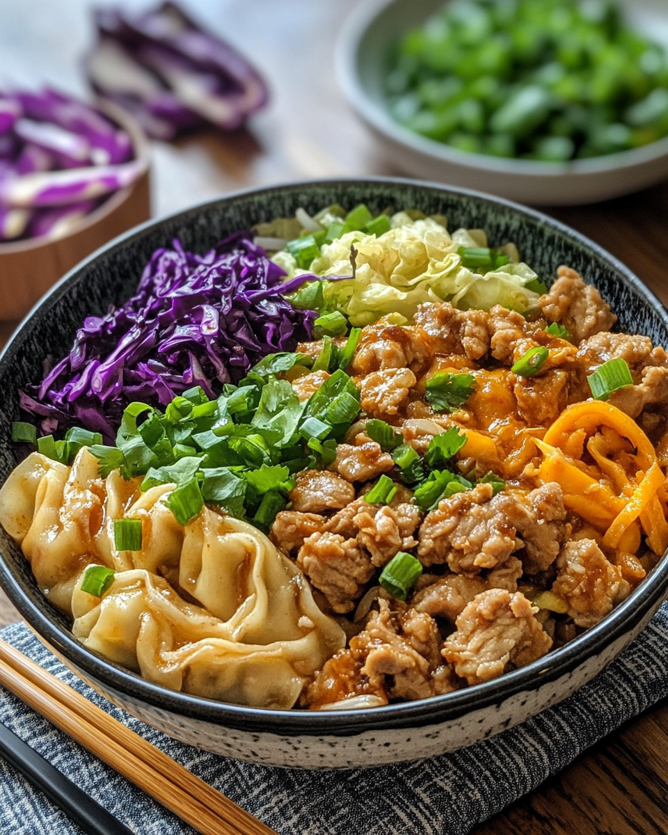 Finished potsticker noodle bowl with pork and crunchy cabbage slaw served