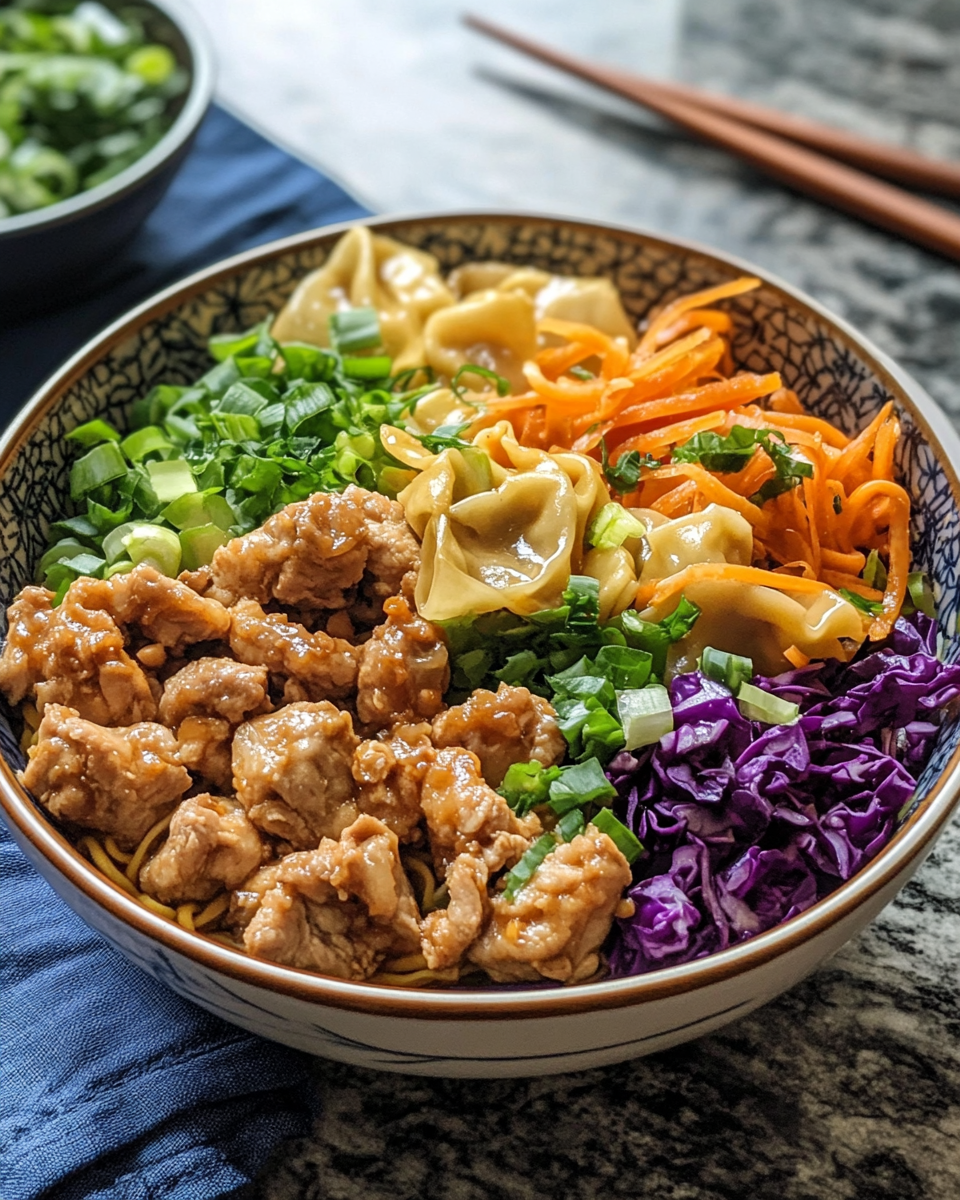 Potsticker noodle bowl with pork and cabbage slaw steaming in bowl