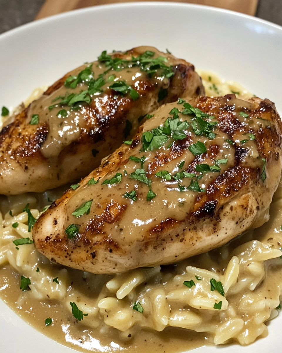 Ingredients for Marsala chicken with orzo including mushrooms, garlic, chicken, and herbs laid out