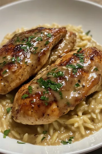 Savory Marsala Chicken with Creamy Orzo for a Delicious and Easy Dinner Idea taken with iphone 15 pro max --iw 2 --ar 4:5 --v 6.1 --raw
