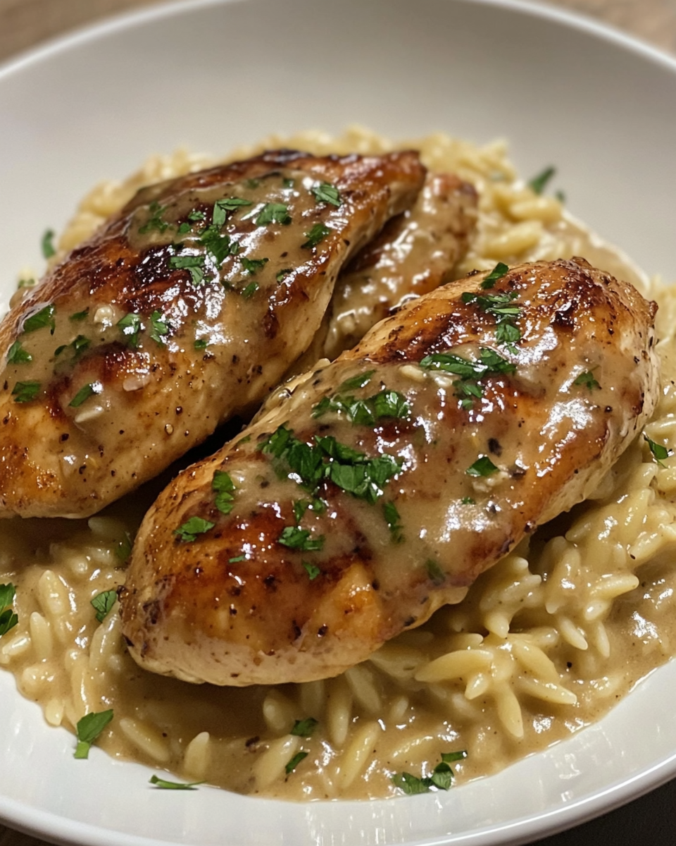 Close up of savory Marsala chicken with creamy orzo starting to cook in pressure cooker