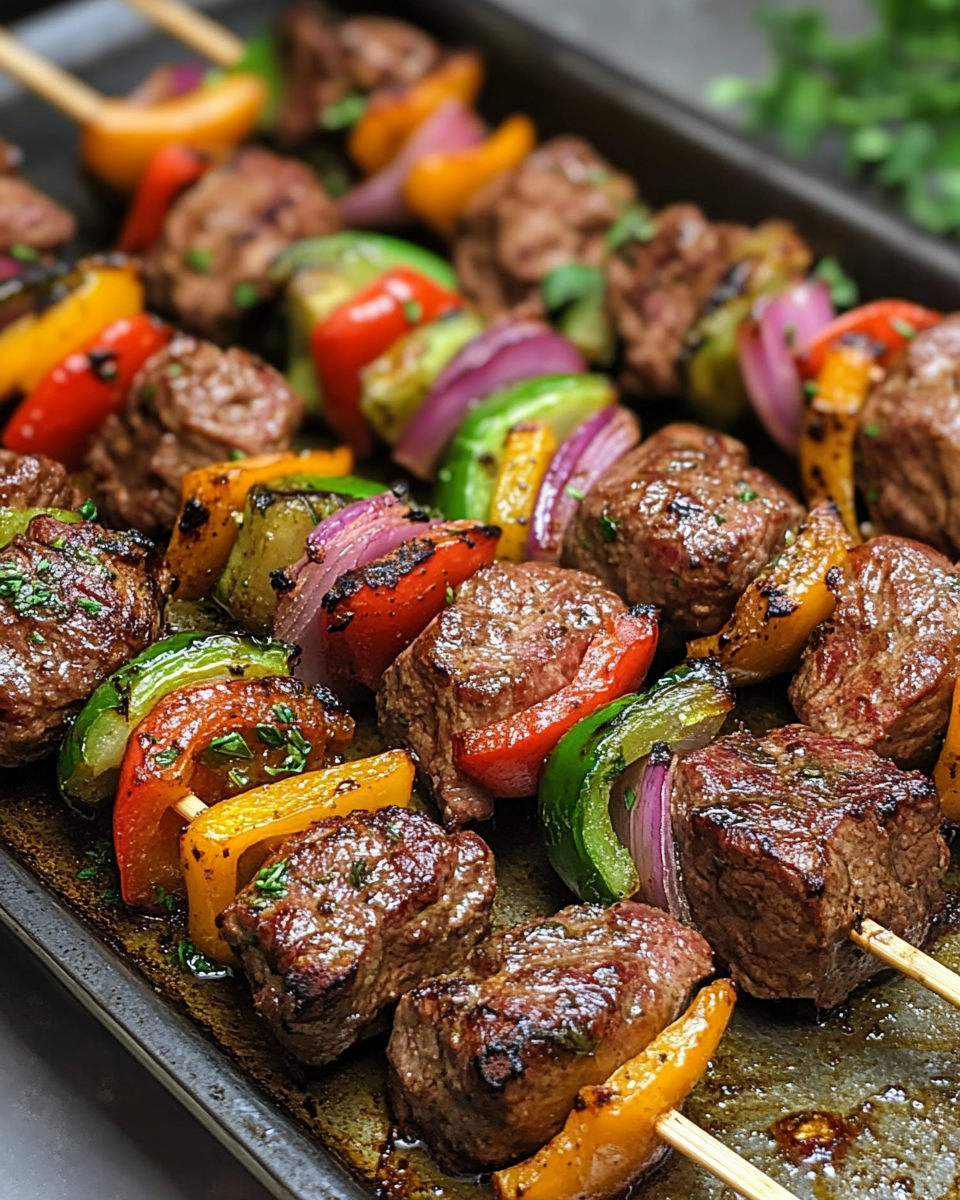 Roasted sheet pan beef kebabs with fresh vegetables halfway through cooking