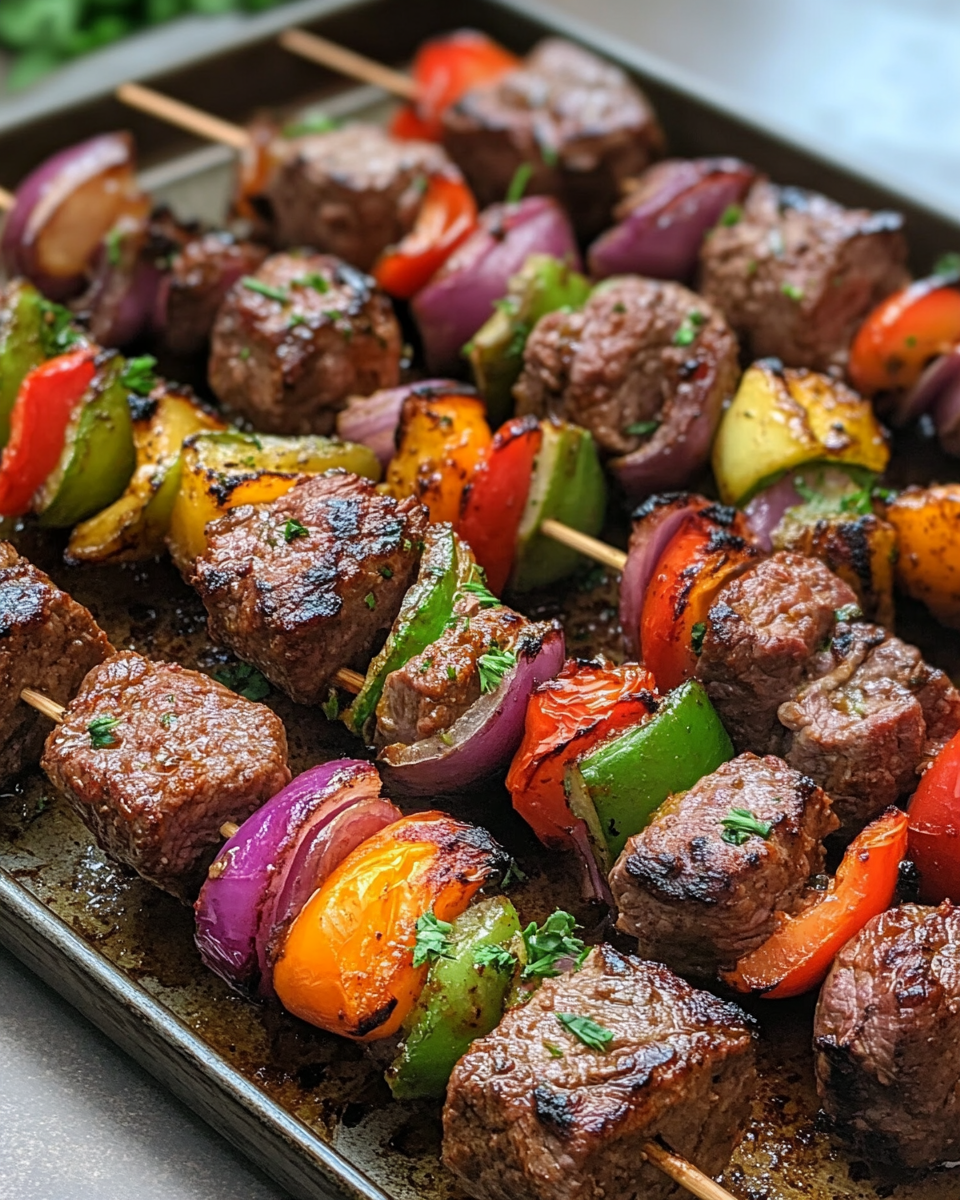 Sheet pan beef kebabs roasting and sizzling in the oven