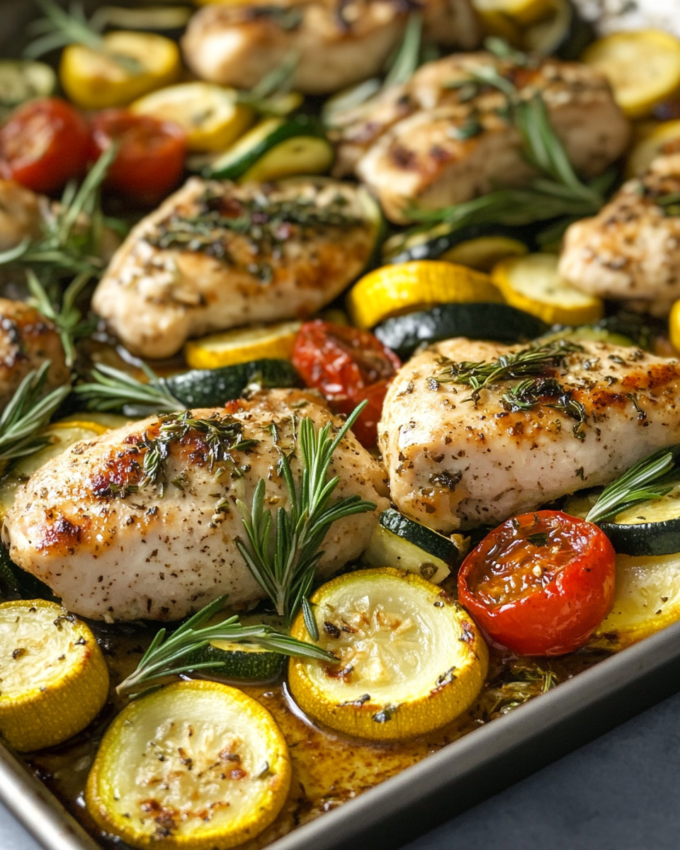 Mediterranean chicken thighs with zucchini and bell peppers on sheet pan before cooking