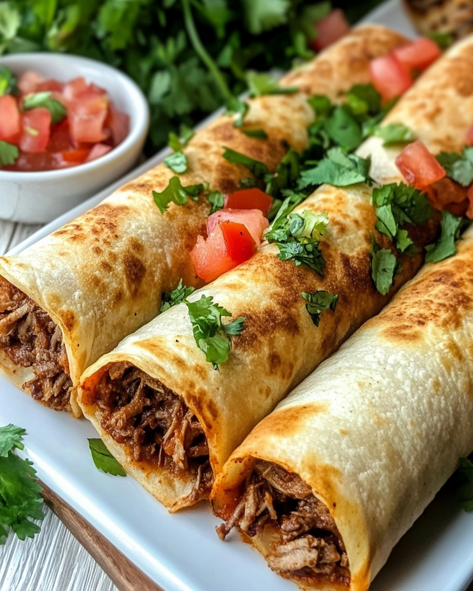 Golden crispy baked beef taquitos served warm