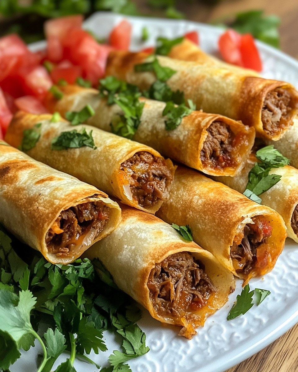 Freshly cooked shredded beef taquitos ready to crisp up