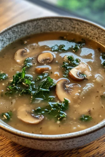 Simple Wild Mushroom, Caramelized Onion And Kale Soup taken with iphone 15 pro max --iw 2 --ar 4:5 --v 6.1 --raw