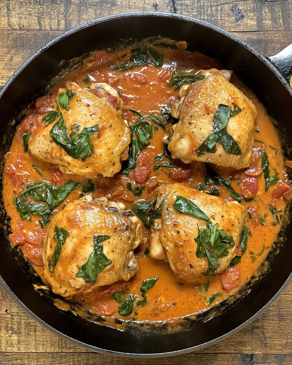 Pressure cooker with chicken thighs simmering in creamy tomato basil spinach sauce