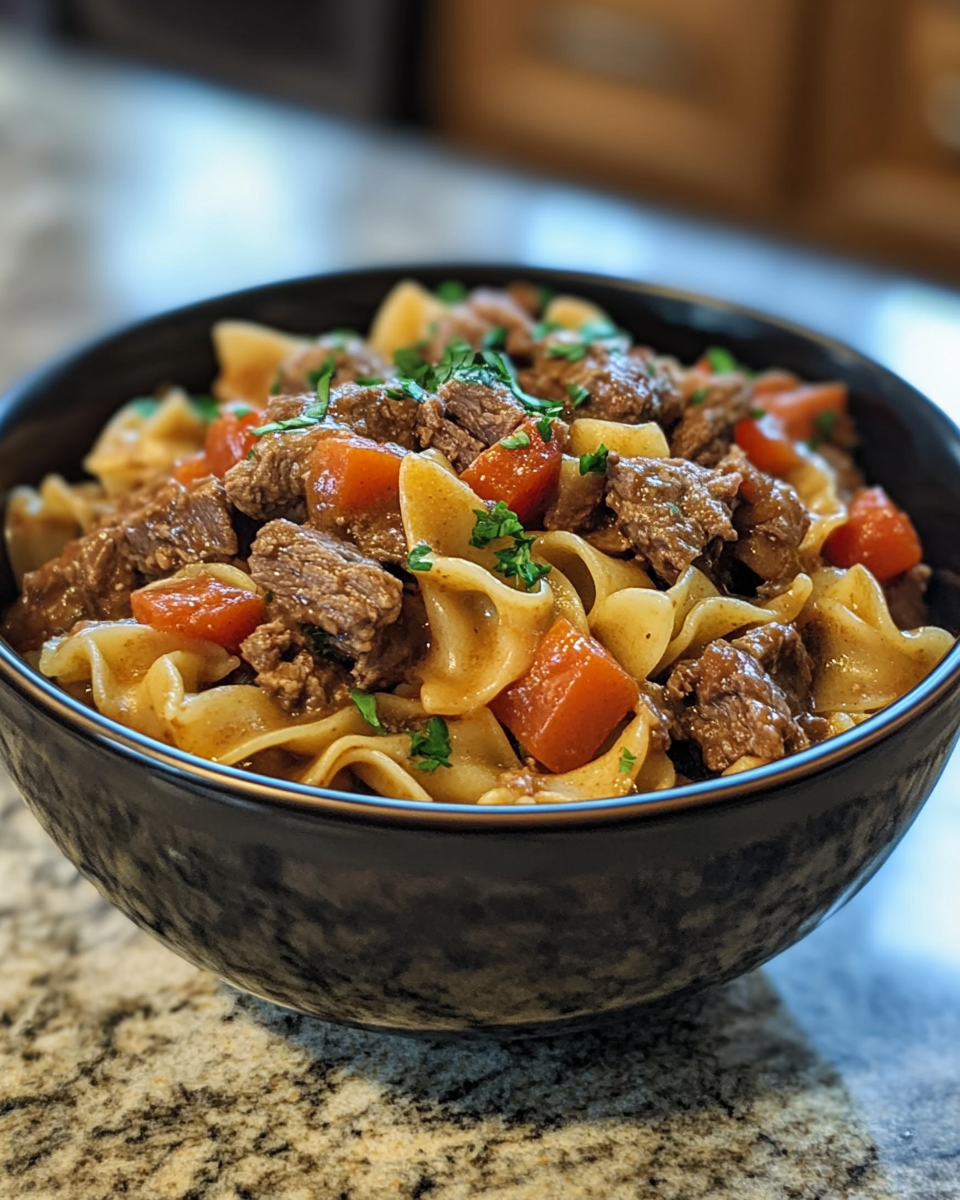 Shredded slow cooker beef and creamy noodles ready to serve in a bowl