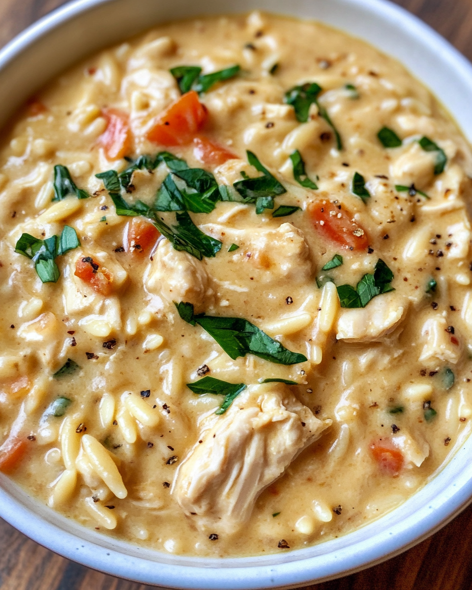 Plated creamy Tuscan chicken orzo garnished with fresh basil and Parmesan
