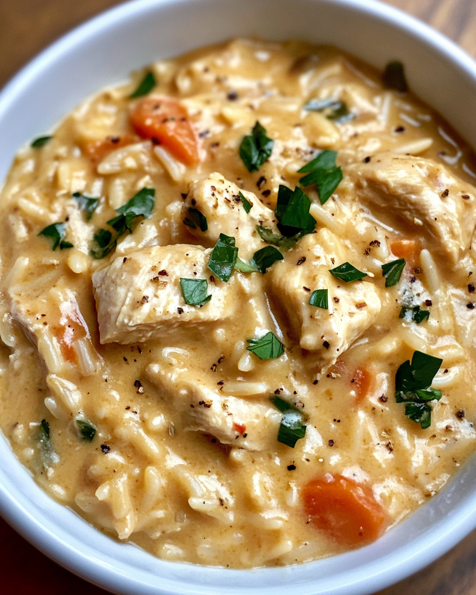 Slow cooker with creamy Tuscan chicken orzo inside, steam visible from valve