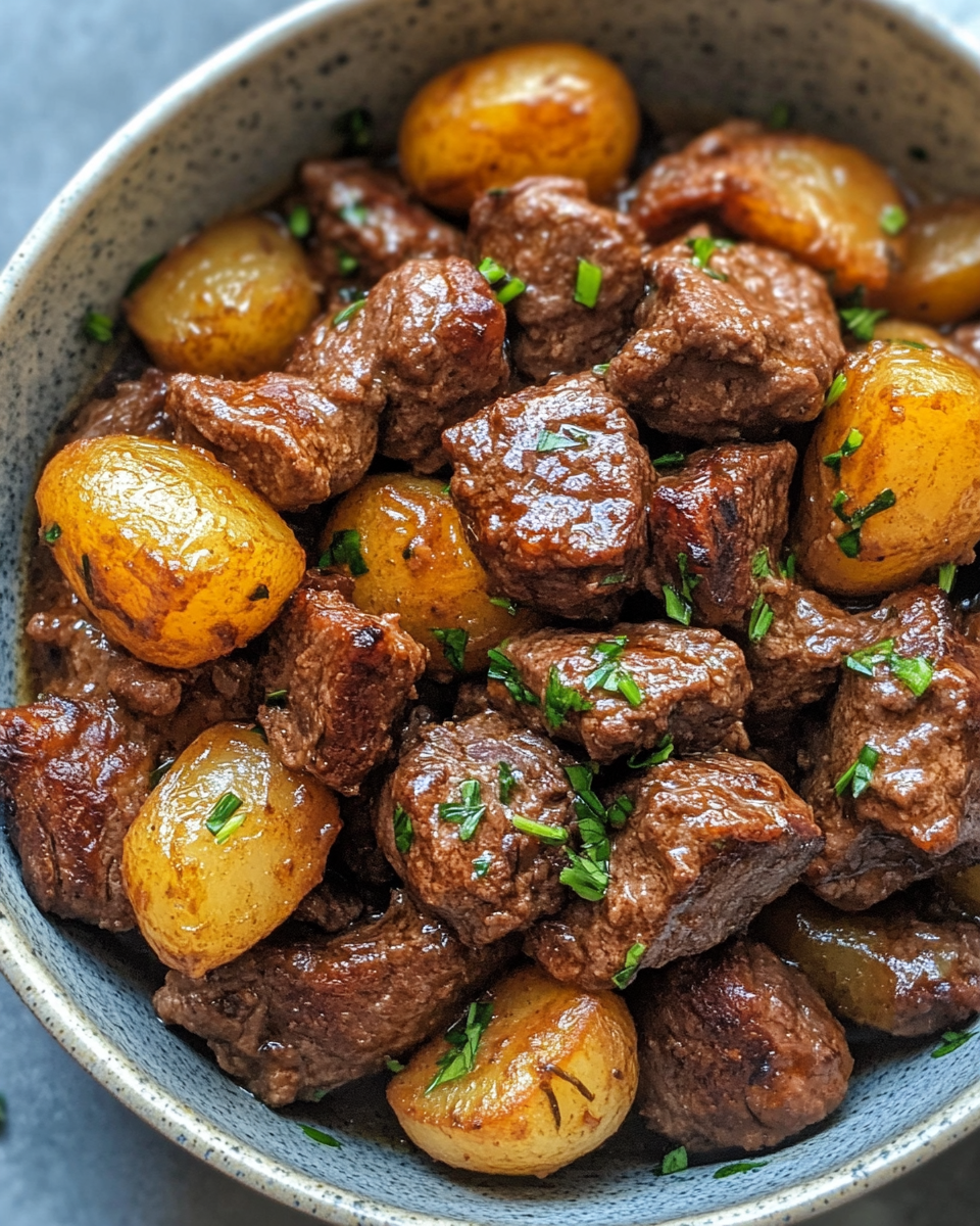 Finished garlic butter beef bites and potatoes plated and ready to serve