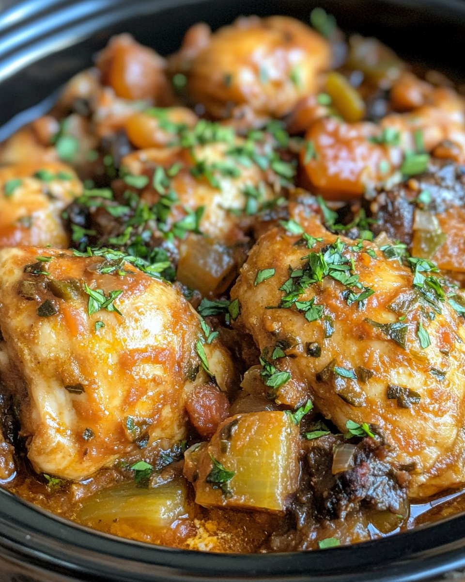 Chicken coated with creamy Greek yogurt sauce in slow cooker pot