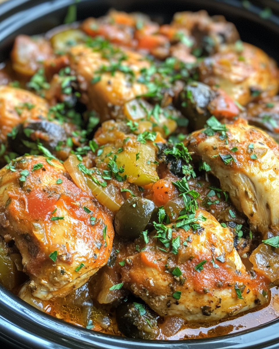 Serving of slow cooker Greek chicken with creamy sauce and herbs on plate