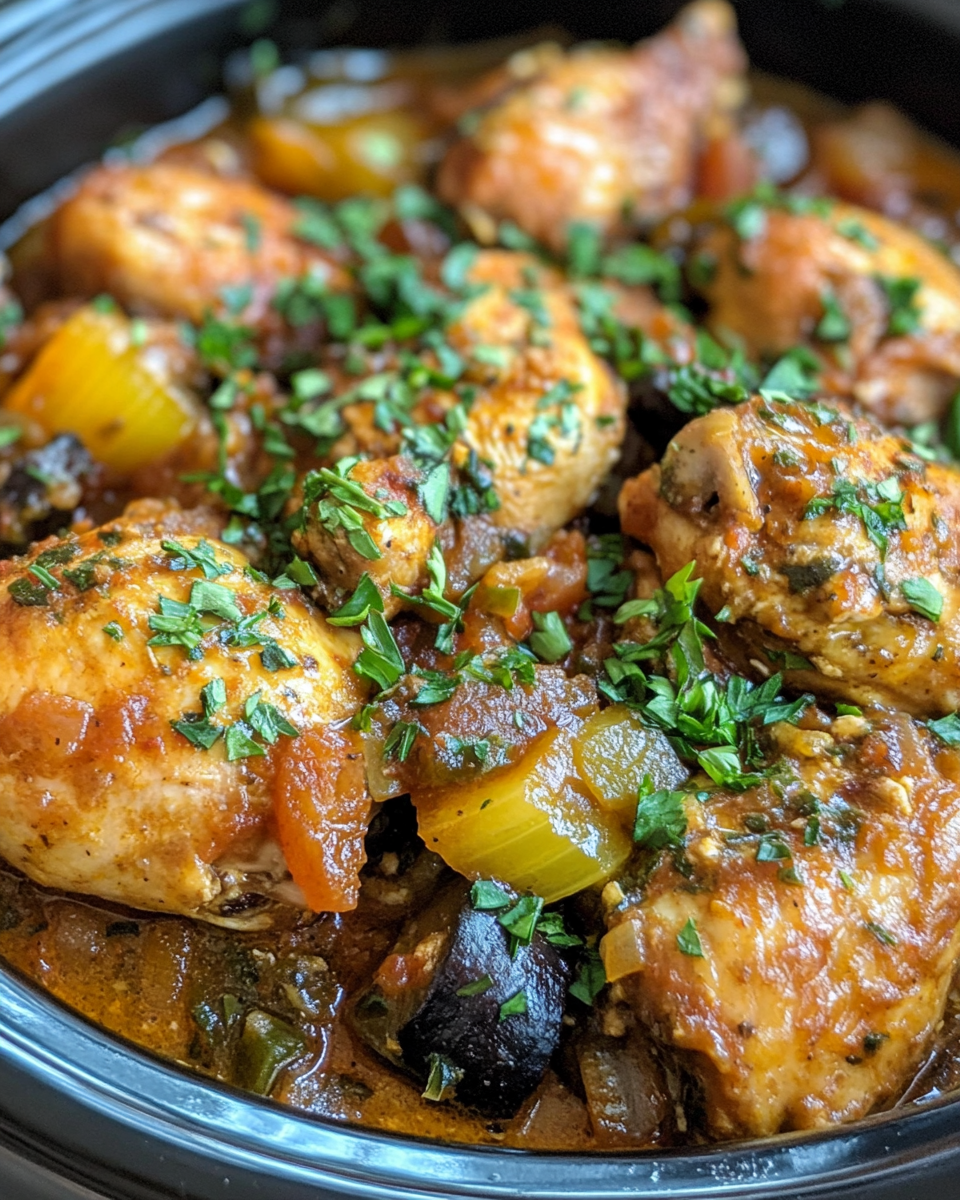 Slow cooker Greek chicken cooking with steam rising and Mediterranean flavors