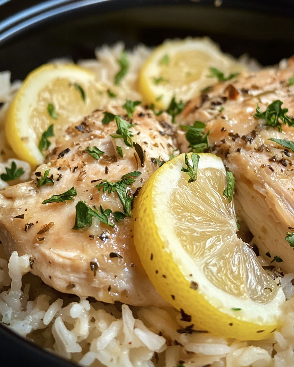 Slow cooker pressure cooker lemon herb chicken and rice steaming inside pot