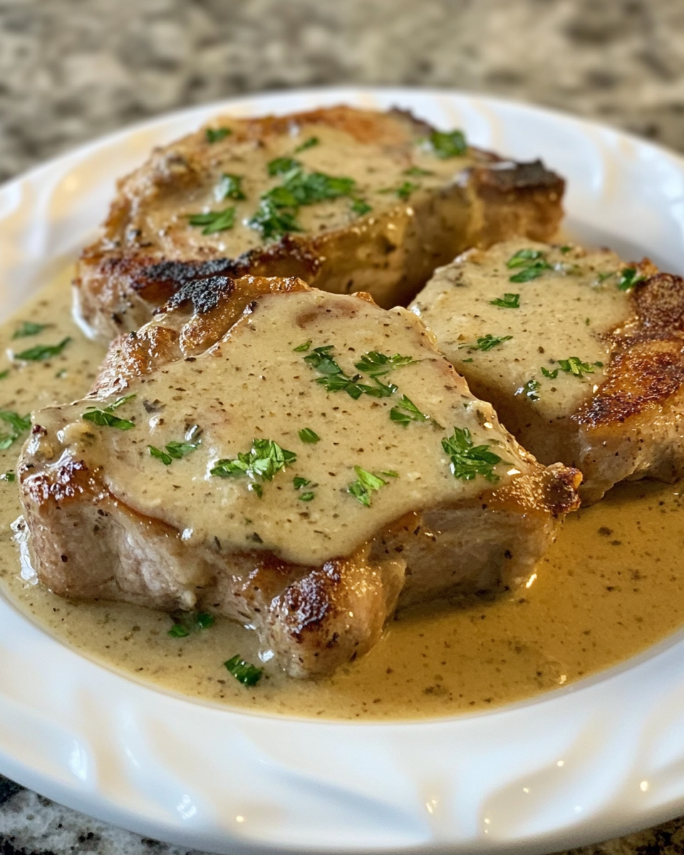Tender pork chop plated served with creamy garlic Parmesan sauce