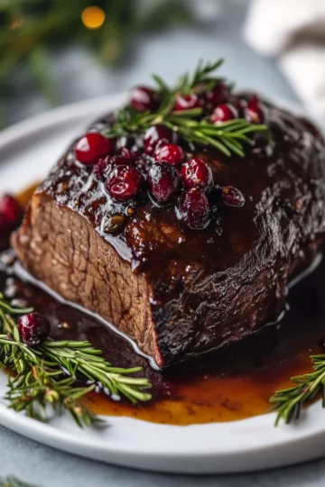 slowbraised beef roast with cranberry balsamic glaze taken with iphone 15 pro max --iw 2 --ar 4:5 --v 6.1 --raw