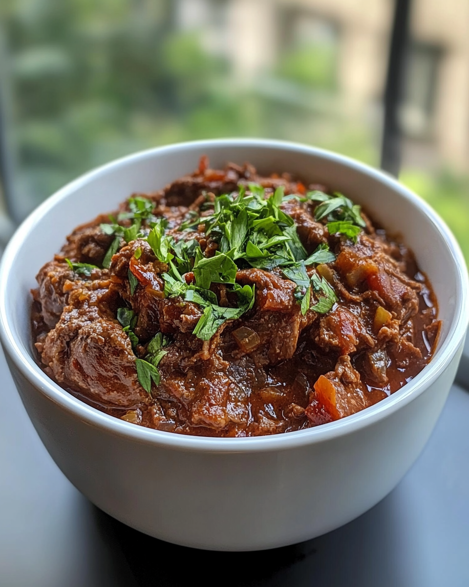 Steam rising from pressure cooker filled with slow cooked beef ragu