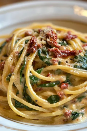 Spaghetti & Spinach with Sun-Dried Tomato Cream Sauce taken with iphone 15 pro max --iw 2 --ar 4:5 --v 6.1 --raw
