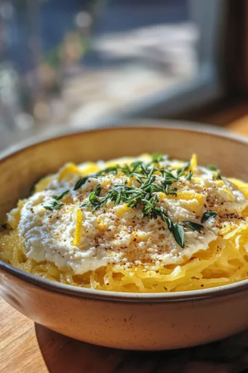 Spaghetti Squash with Asparagus, Ricotta, Lemon, and Thyme taken with iphone 15 pro max --iw 2 --ar 4:5 --v 6.1 --raw