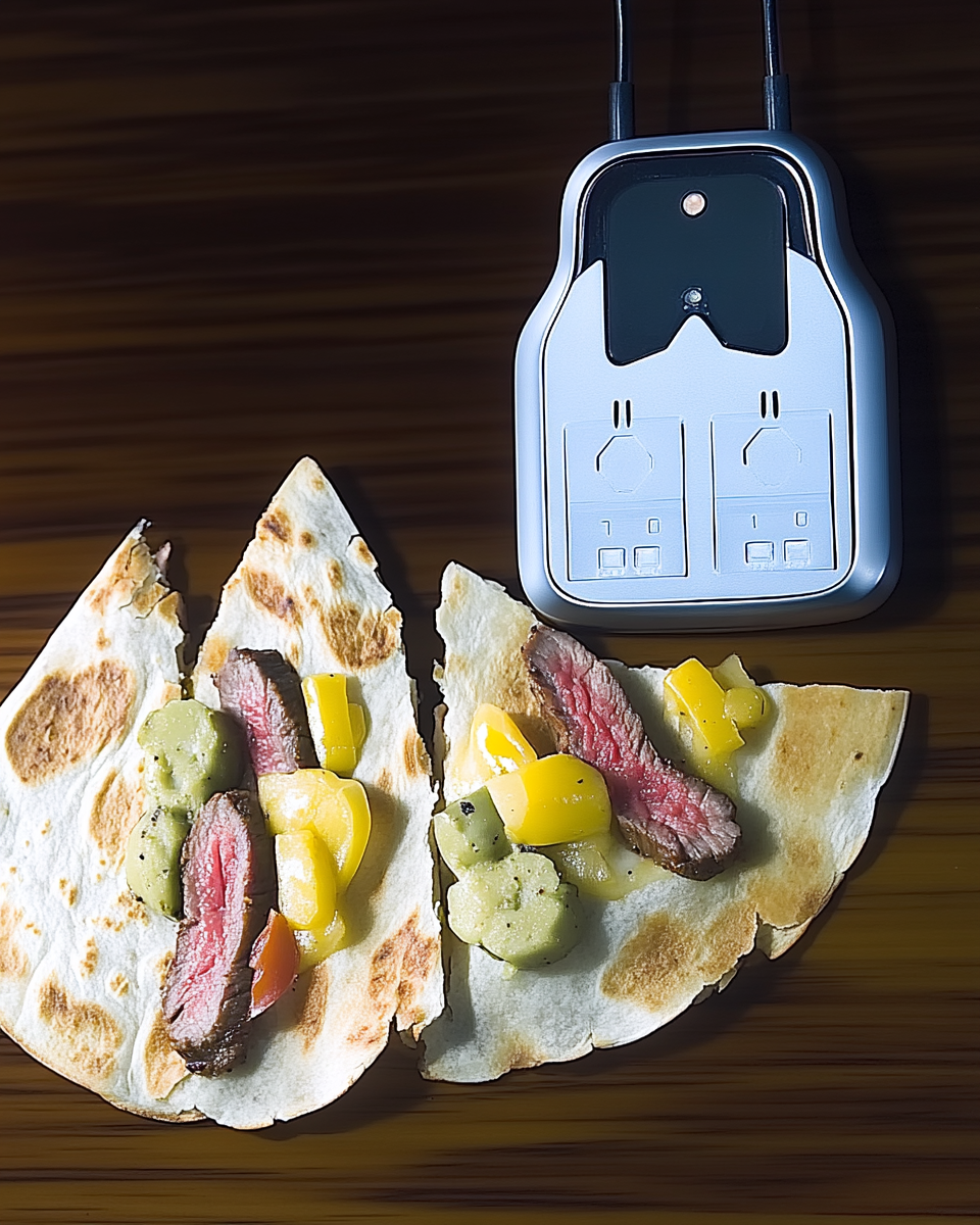 Close up of sizzling seared steak fajita quesadillas in pan